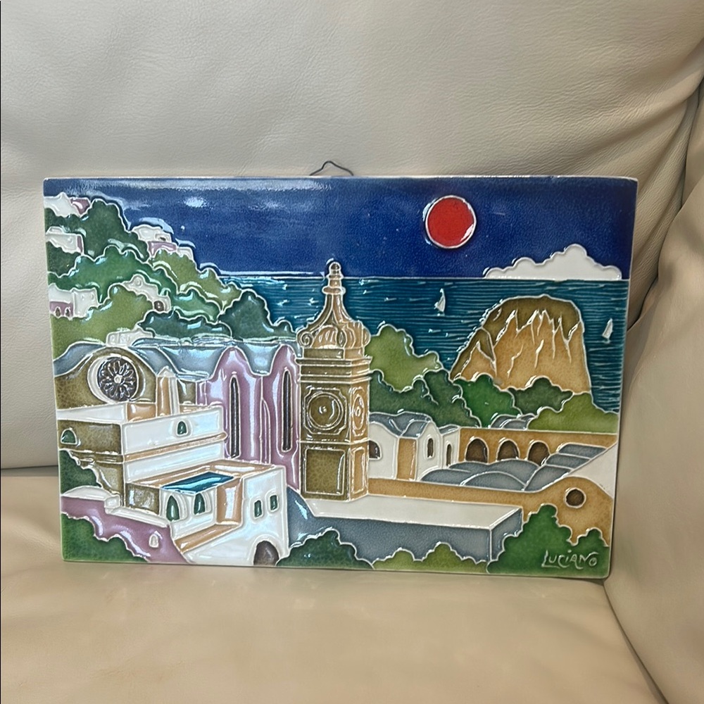 Luciano Italy Colorful Ceramic Wall Art with Coastal Scene signed